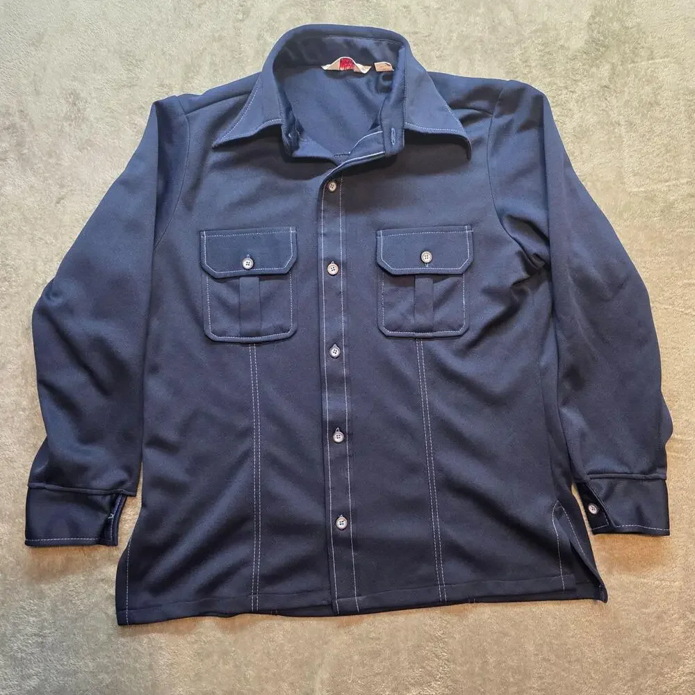 Wrangler Vintage Button Up Shirt Mens L Blue Trevira Polyester Long Sleeve USA